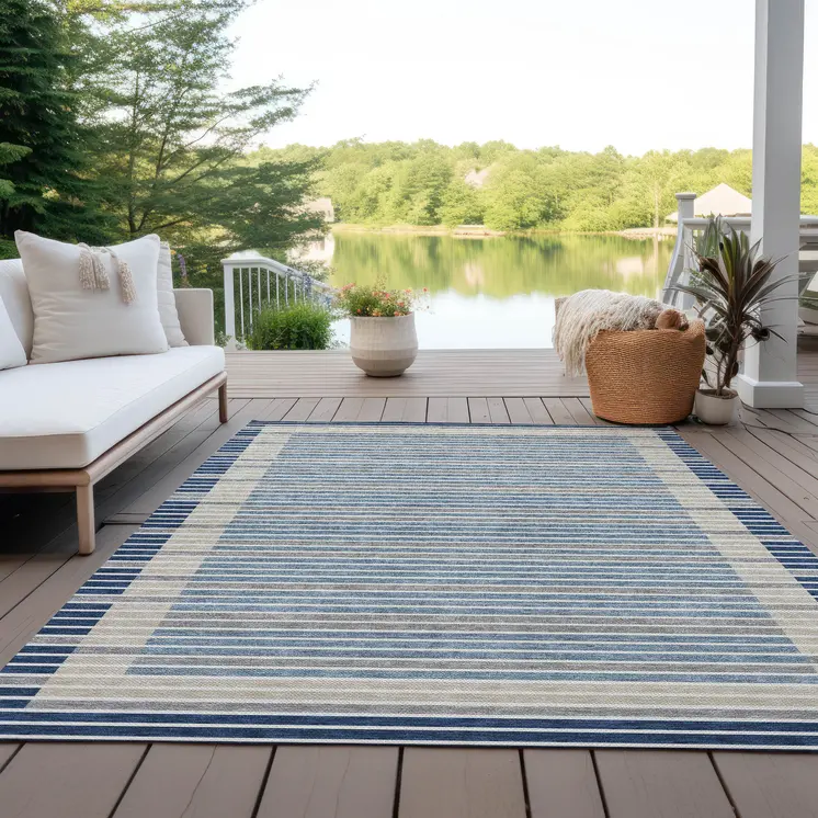 9' X 12' Navy Blue And Denim Blue Striped Washable Indoor Outdoor Area Rug
