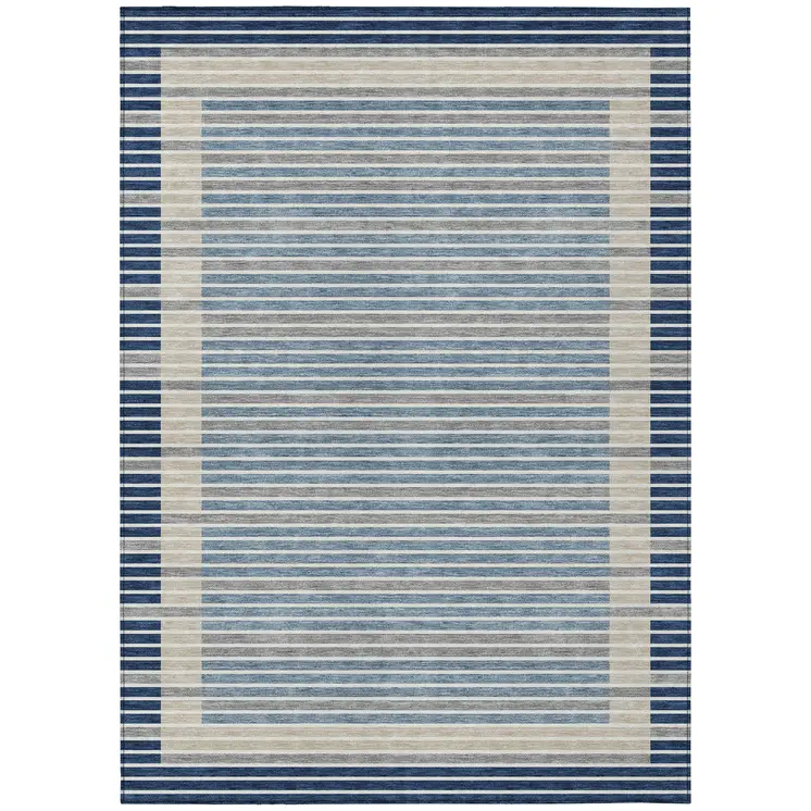 9' X 12' Navy Blue And Denim Blue Striped Washable Indoor Outdoor Area Rug