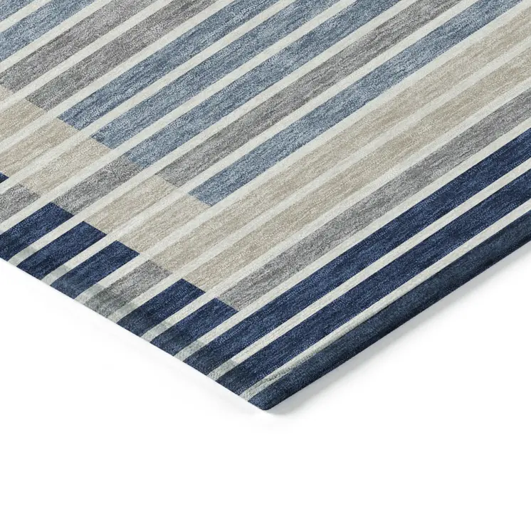 9' X 12' Navy Blue And Denim Blue Striped Washable Indoor Outdoor Area Rug