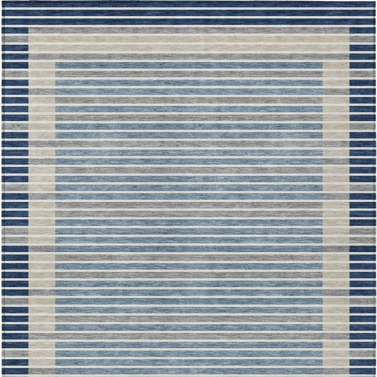 9' X 12' Navy Blue And Denim Blue Striped Washable Indoor Outdoor Area Rug
