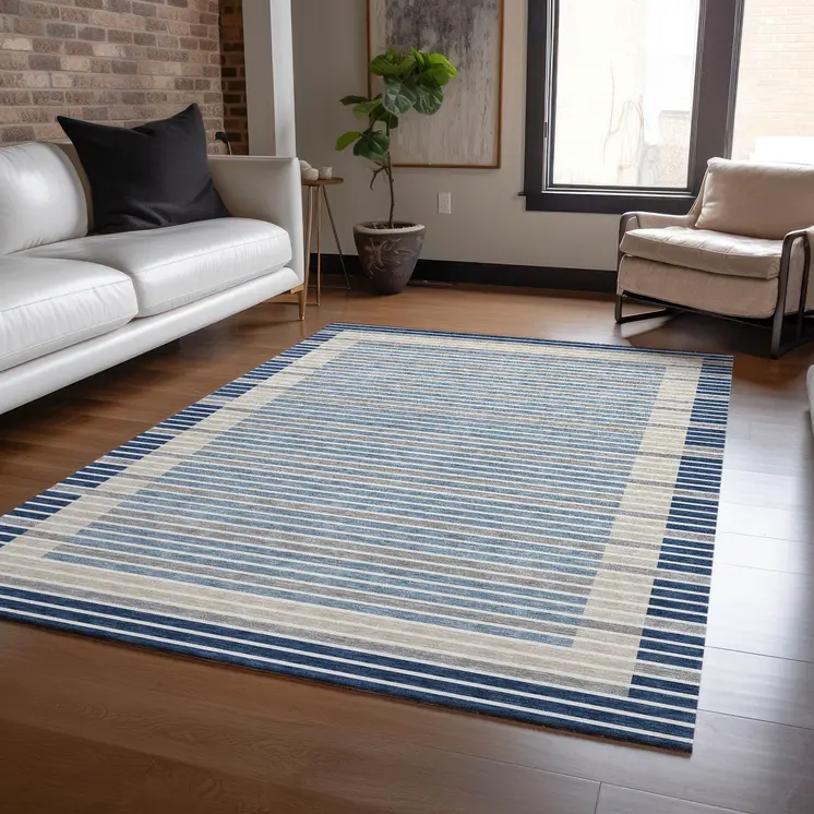 9' X 12' Navy Blue And Denim Blue Striped Washable Indoor Outdoor Area Rug