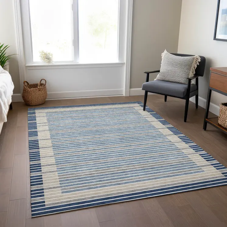9' X 12' Navy Blue And Denim Blue Striped Washable Indoor Outdoor Area Rug