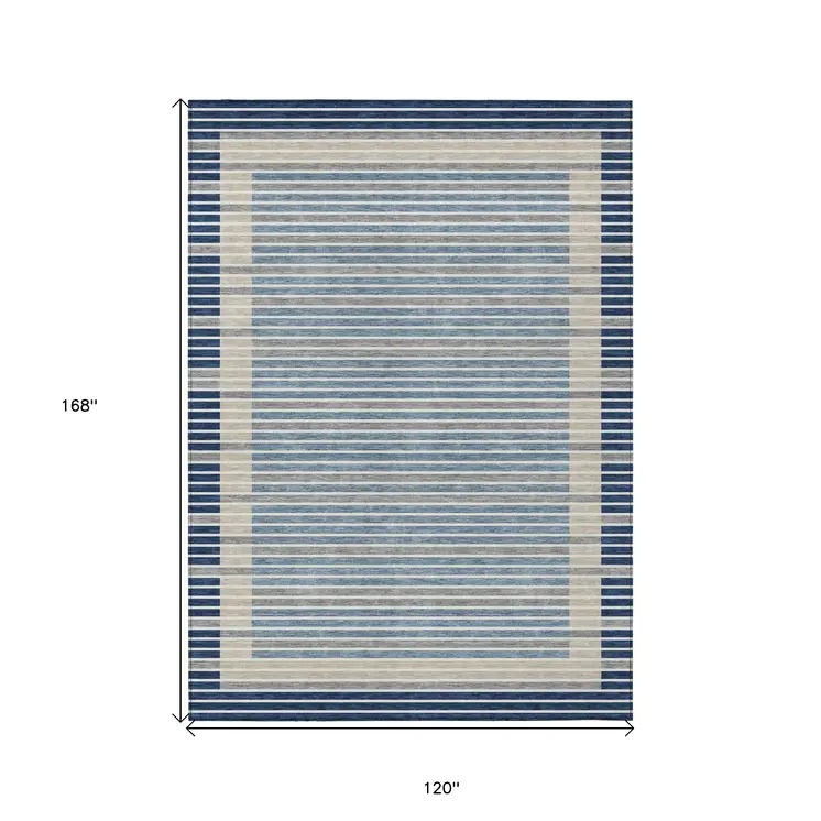 10' X 14' Navy Blue And Denim Blue Striped Washable Indoor Outdoor Area Rug