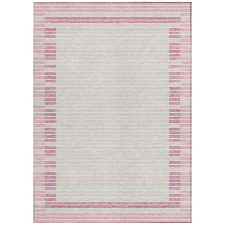 3' X 5' Pink And Ivory Striped Washable Indoor Outdoor Area Rug