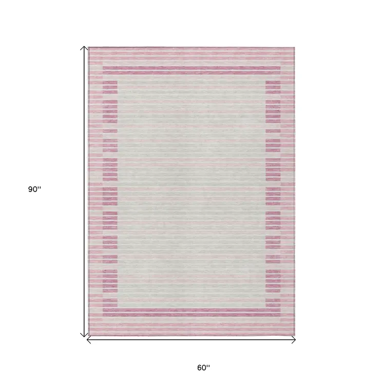 5' X 8' Pink And Ivory Striped Washable Indoor Outdoor Area Rug