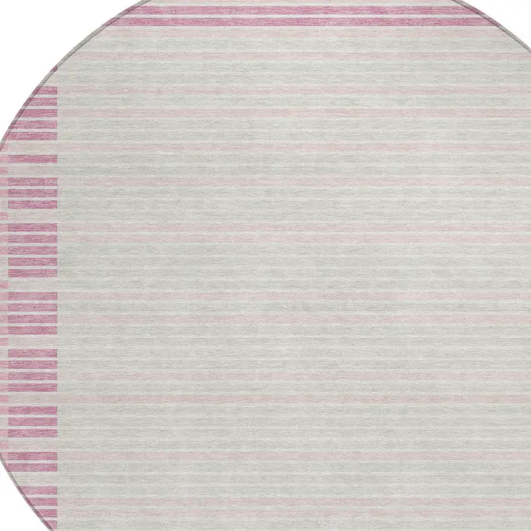 8' Pink And Ivory Round Striped Washable Indoor Outdoor Area Rug