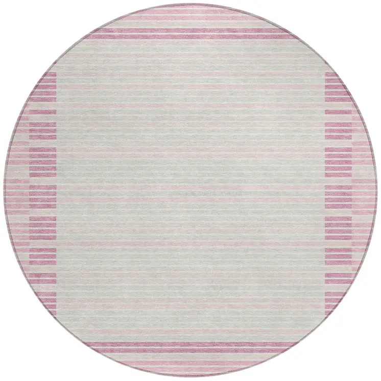 8' Pink And Ivory Round Striped Washable Indoor Outdoor Area Rug