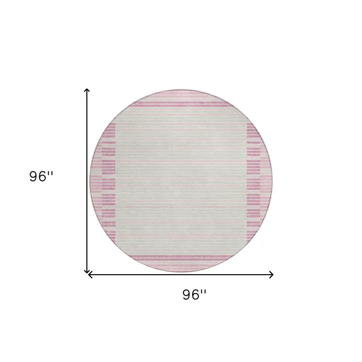 8' Pink And Ivory Round Striped Washable Indoor Outdoor Area Rug