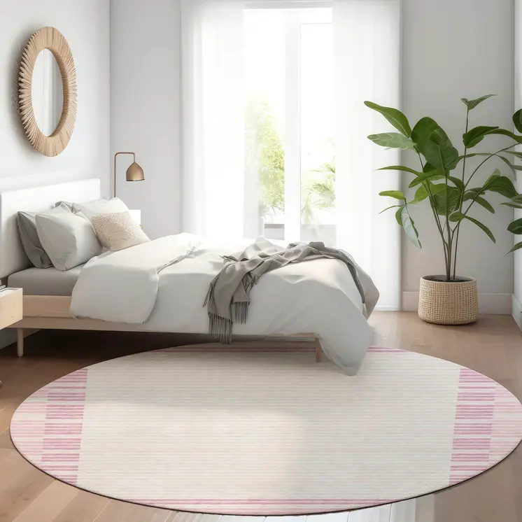8' Pink And Ivory Round Striped Washable Indoor Outdoor Area Rug
