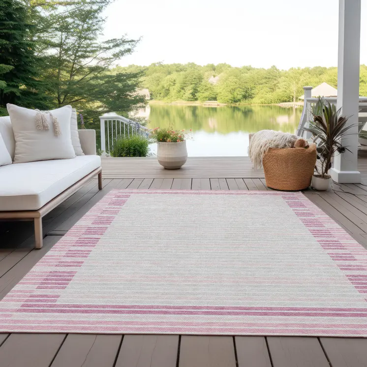 8' X 10' Pink And Ivory Striped Washable Indoor Outdoor Area Rug