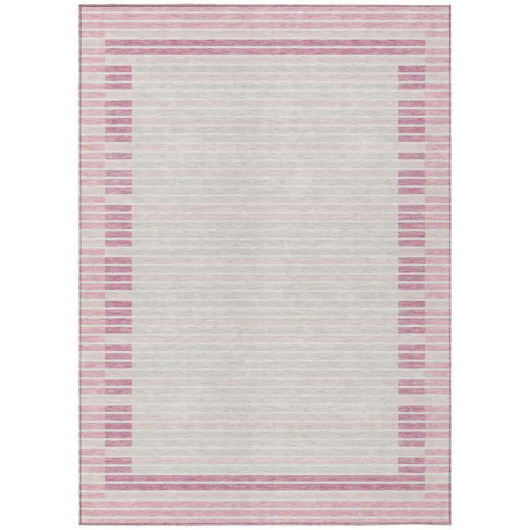 8' X 10' Pink And Ivory Striped Washable Indoor Outdoor Area Rug