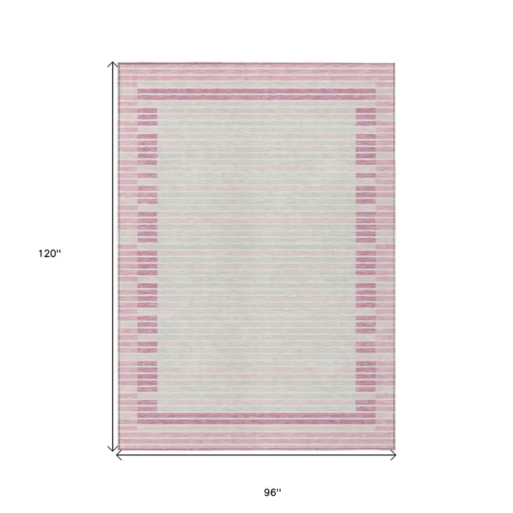 8' X 10' Pink And Ivory Striped Washable Indoor Outdoor Area Rug