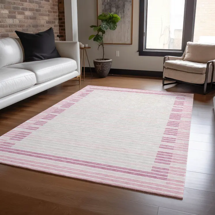 8' X 10' Pink And Ivory Striped Washable Indoor Outdoor Area Rug