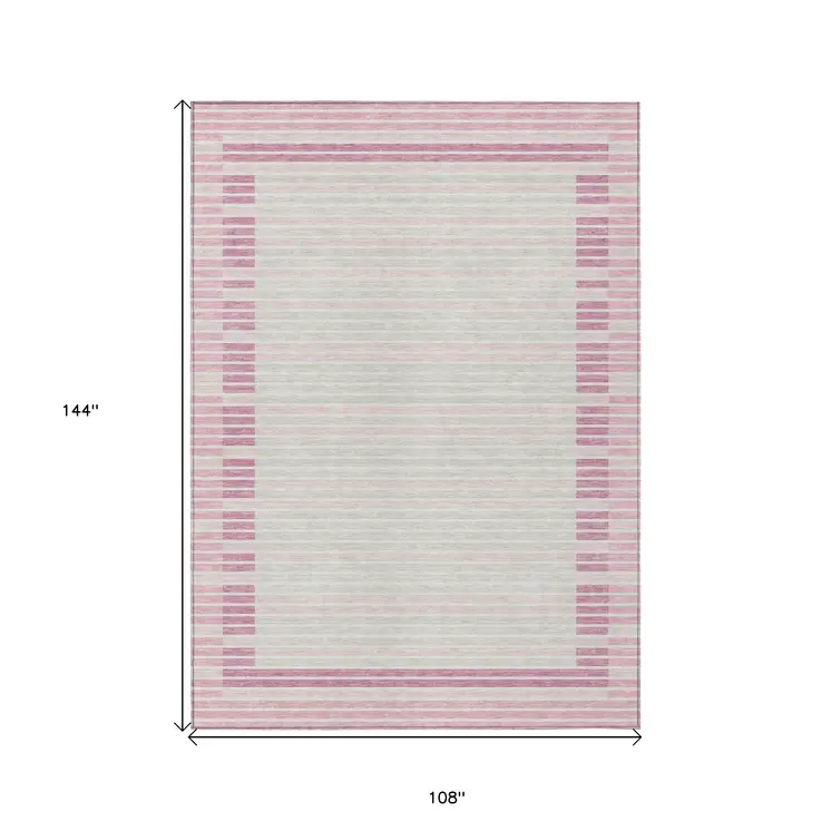 9' X 12' Pink And Ivory Striped Washable Indoor Outdoor Area Rug