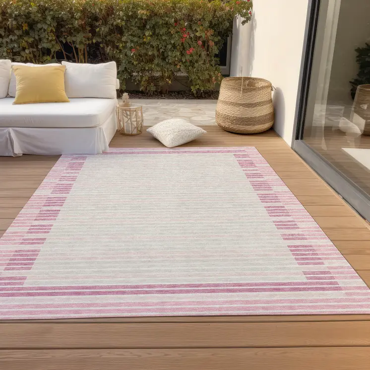 9' X 12' Pink And Ivory Striped Washable Indoor Outdoor Area Rug