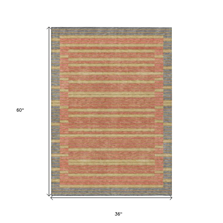 3' X 5' Pewter And Gold Striped Washable Indoor Outdoor Area Rug