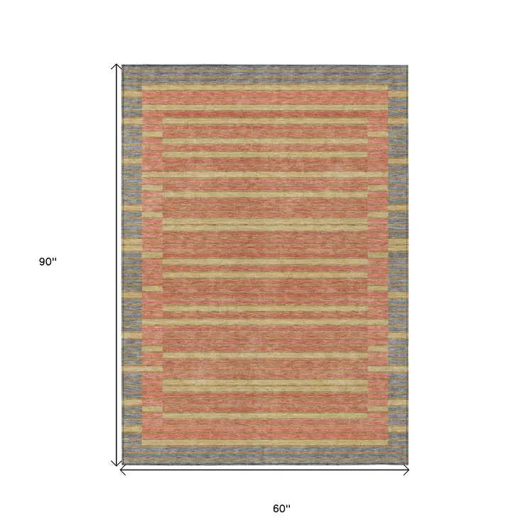 5' X 8' Pewter And Gold Striped Washable Indoor Outdoor Area Rug