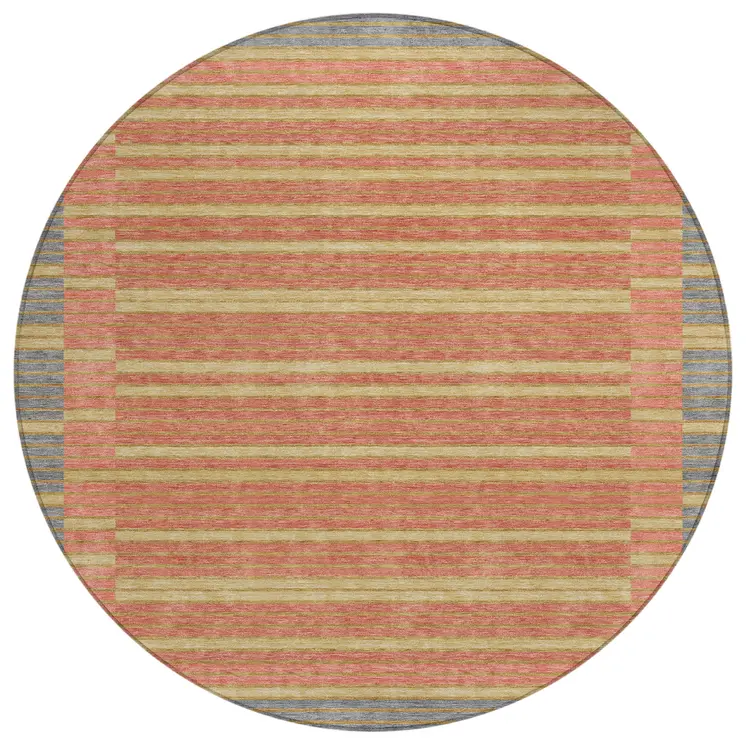 8' Pewter And Gold Round Striped Washable Indoor Outdoor Area Rug