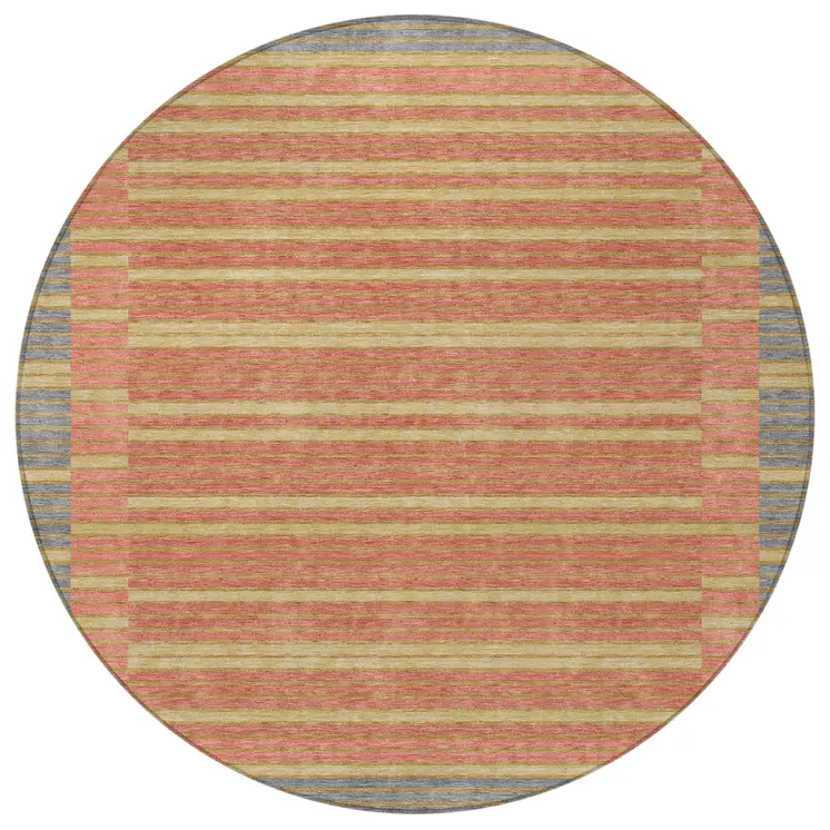 8' Pewter And Gold Round Striped Washable Indoor Outdoor Area Rug