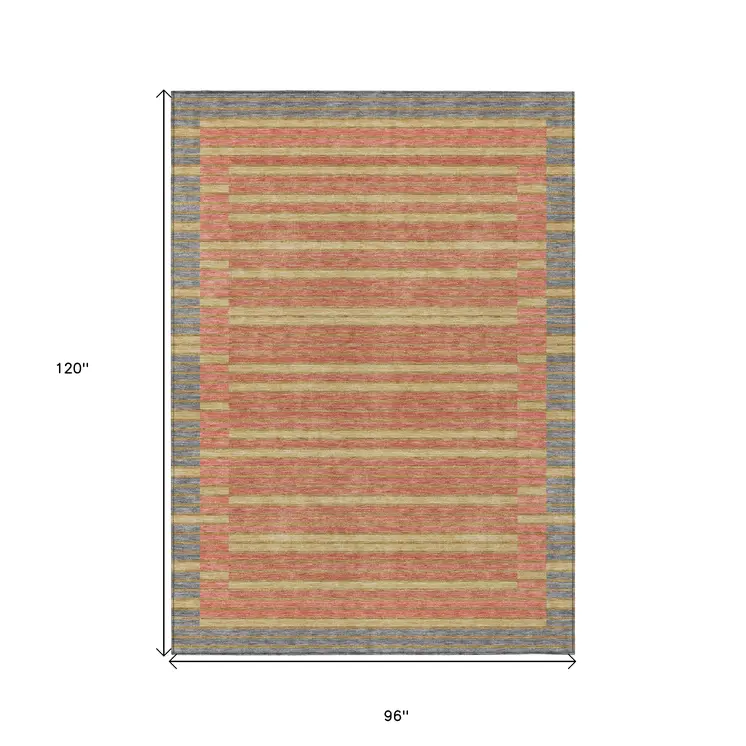 8' X 10' Pewter And Gold Striped Washable Indoor Outdoor Area Rug
