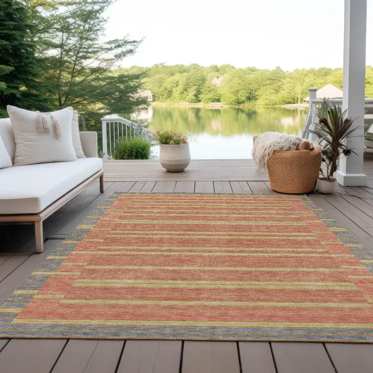 8' X 10' Pewter And Gold Striped Washable Indoor Outdoor Area Rug