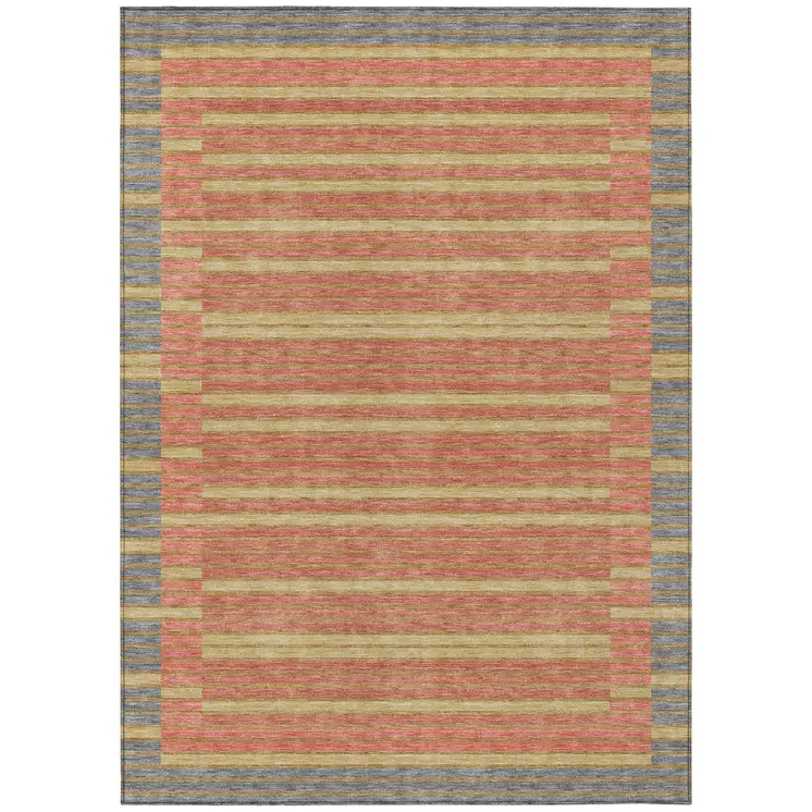 8' X 10' Pewter And Gold Striped Washable Indoor Outdoor Area Rug