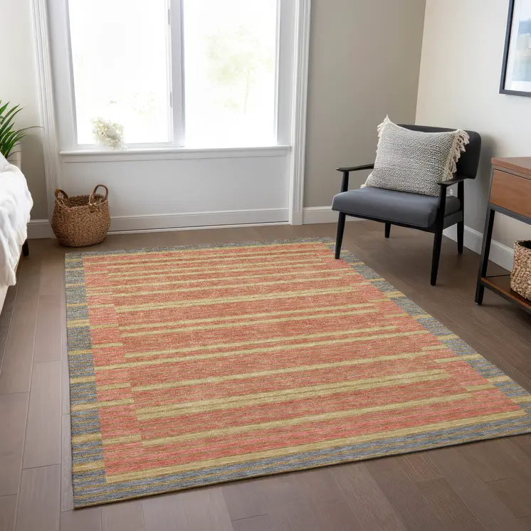 8' X 10' Pewter And Gold Striped Washable Indoor Outdoor Area Rug