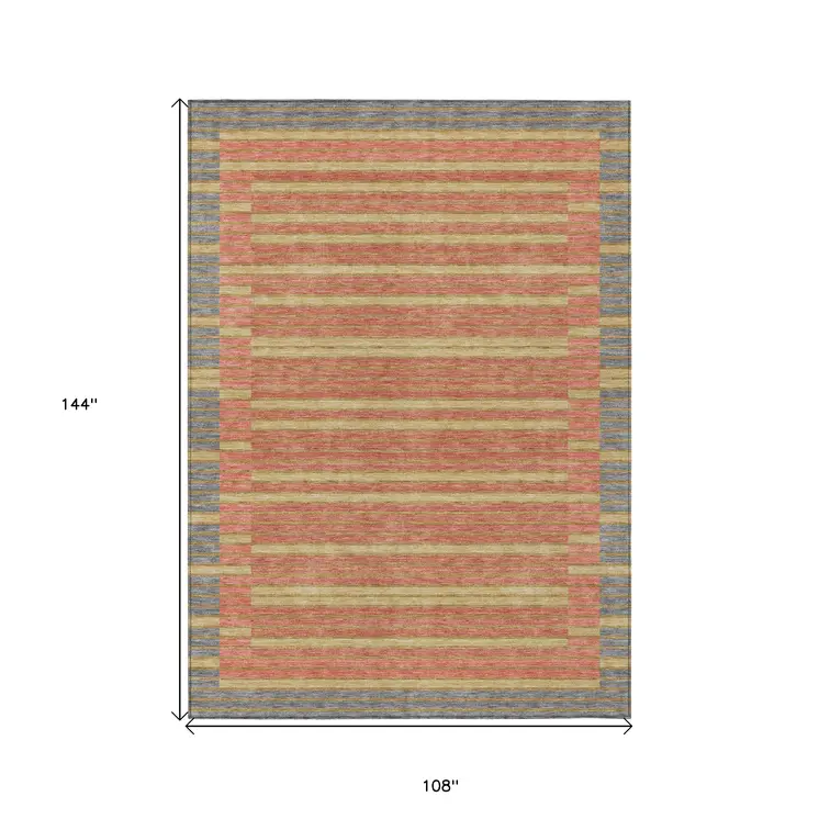 9' X 12' Pewter And Gold Striped Washable Indoor Outdoor Area Rug