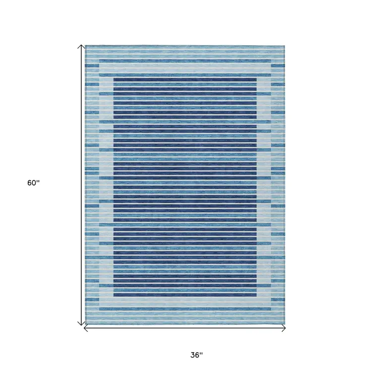3' X 5' Sky Blue And Denim Blue Striped Washable Indoor Outdoor Area Rug