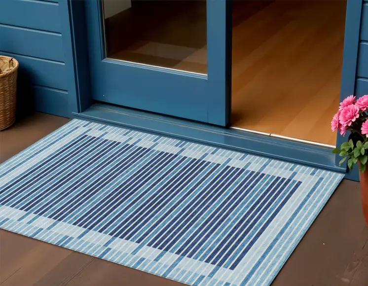 3' X 5' Sky Blue And Denim Blue Striped Washable Indoor Outdoor Area Rug