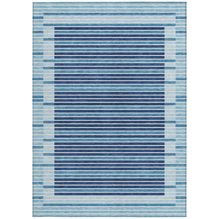 5' X 8' Sky Blue And Denim Blue Striped Washable Indoor Outdoor Area Rug