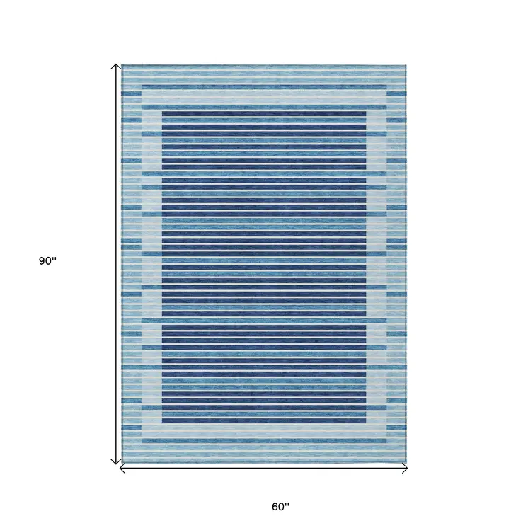 5' X 8' Sky Blue And Denim Blue Striped Washable Indoor Outdoor Area Rug