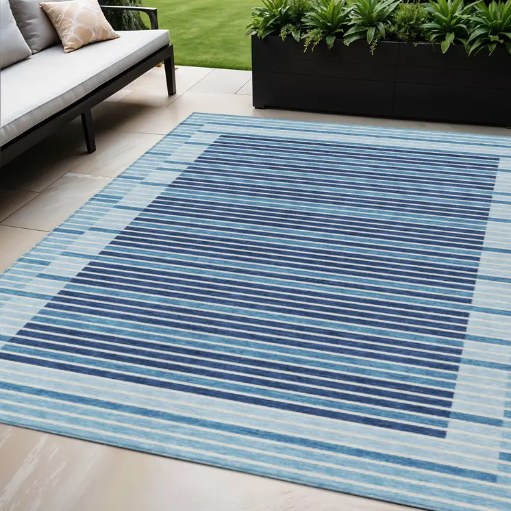 5' X 8' Sky Blue And Denim Blue Striped Washable Indoor Outdoor Area Rug