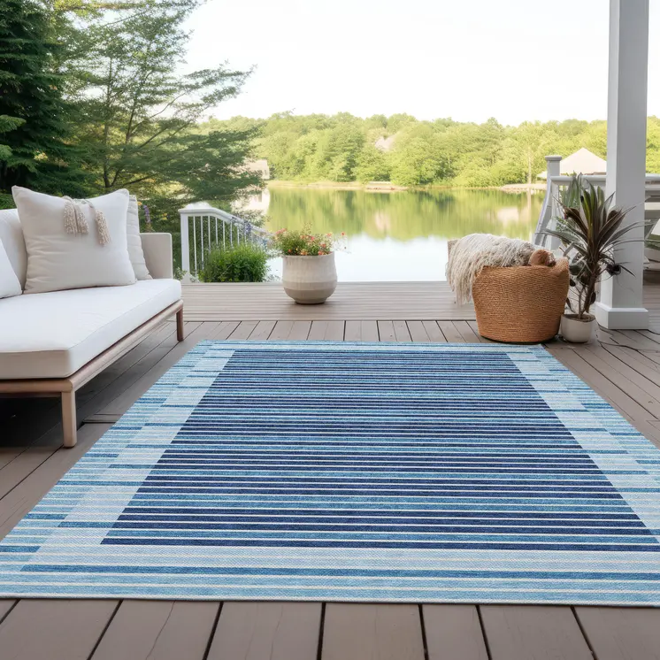 5' X 8' Sky Blue And Denim Blue Striped Washable Indoor Outdoor Area Rug