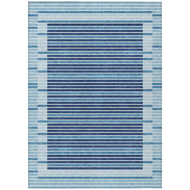 5' X 8' Sky Blue And Denim Blue Striped Washable Indoor Outdoor Area Rug