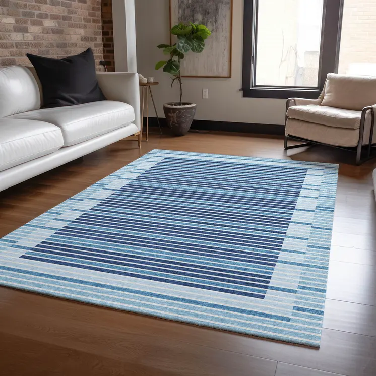 5' X 8' Sky Blue And Denim Blue Striped Washable Indoor Outdoor Area Rug