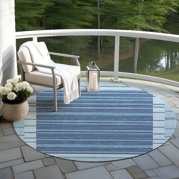 8' Sky Blue And Denim Blue Round Striped Washable Indoor Outdoor Area Rug