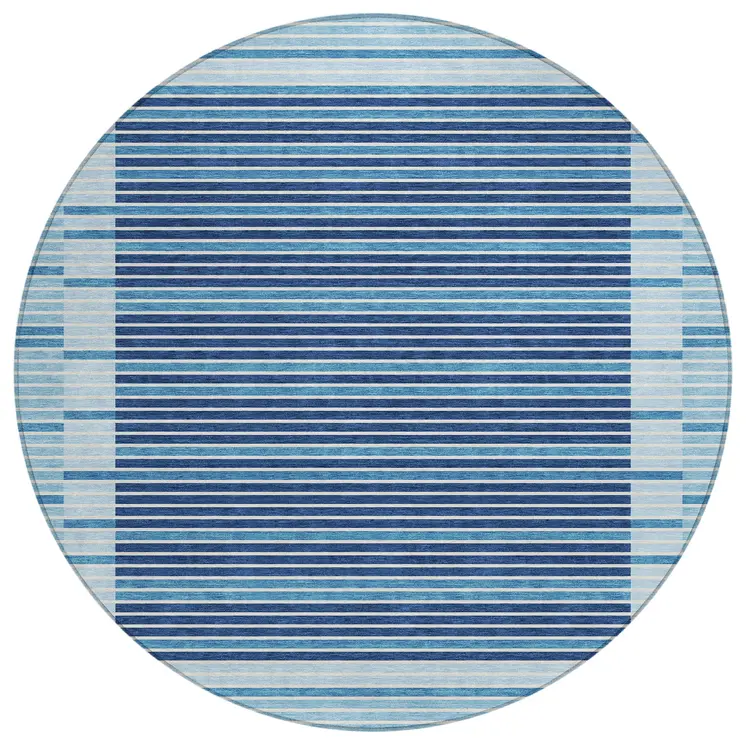 8' Sky Blue And Denim Blue Round Striped Washable Indoor Outdoor Area Rug