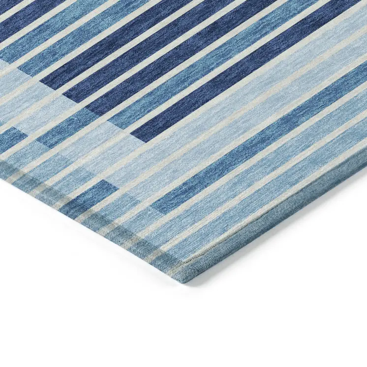 8' Sky Blue And Denim Blue Round Striped Washable Indoor Outdoor Area Rug