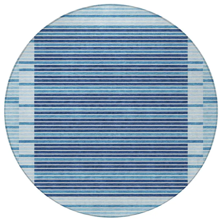 8' Sky Blue And Denim Blue Round Striped Washable Indoor Outdoor Area Rug