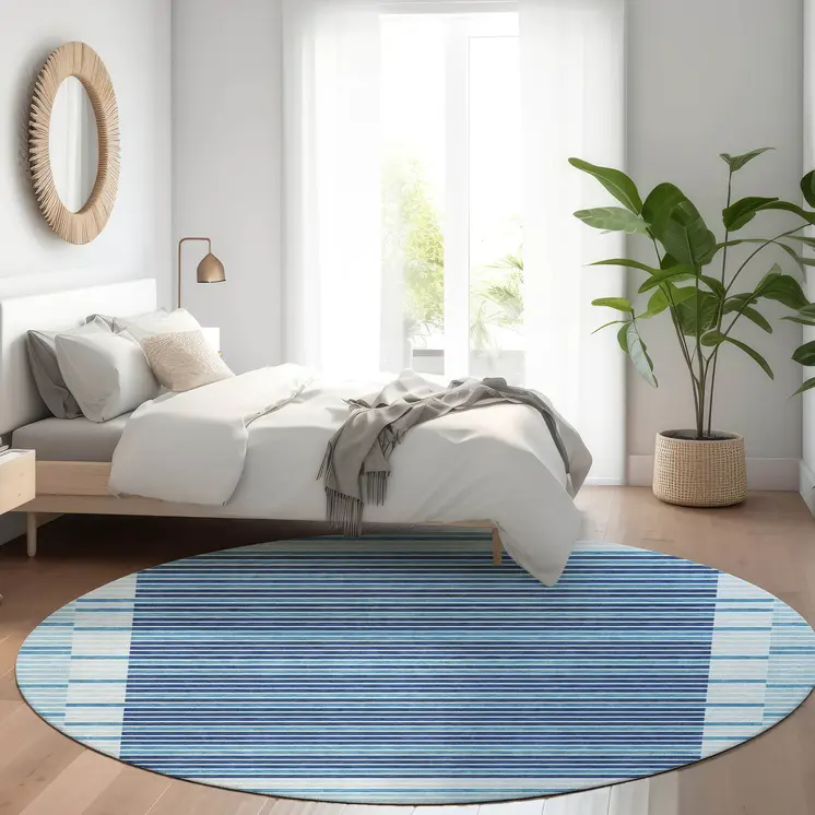 8' Sky Blue And Denim Blue Round Striped Washable Indoor Outdoor Area Rug