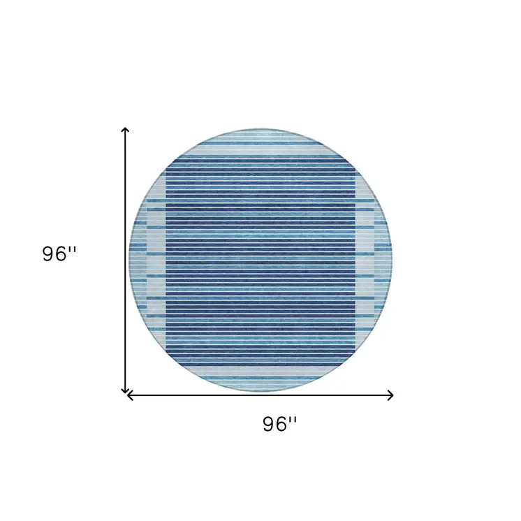 8' Sky Blue And Denim Blue Round Striped Washable Indoor Outdoor Area Rug