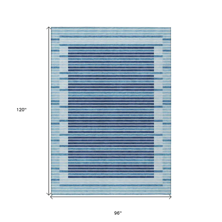 8' X 10' Sky Blue And Denim Blue Striped Washable Indoor Outdoor Area Rug