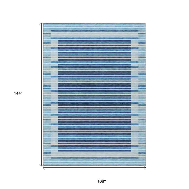 9' X 12' Sky Blue And Denim Blue Striped Washable Indoor Outdoor Area Rug