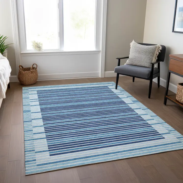 9' X 12' Sky Blue And Denim Blue Striped Washable Indoor Outdoor Area Rug