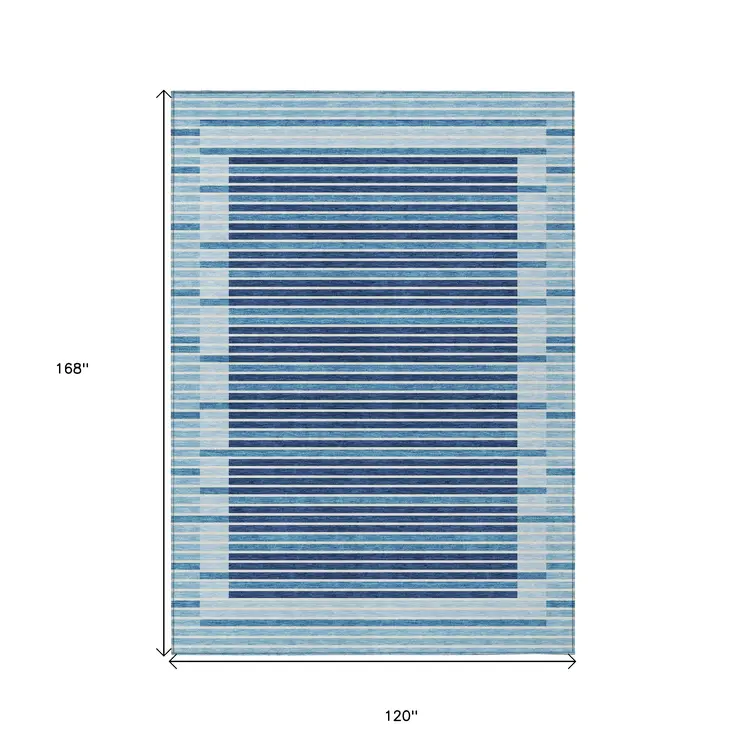 10' X 14' Sky Blue And Denim Blue Striped Washable Indoor Outdoor Area Rug