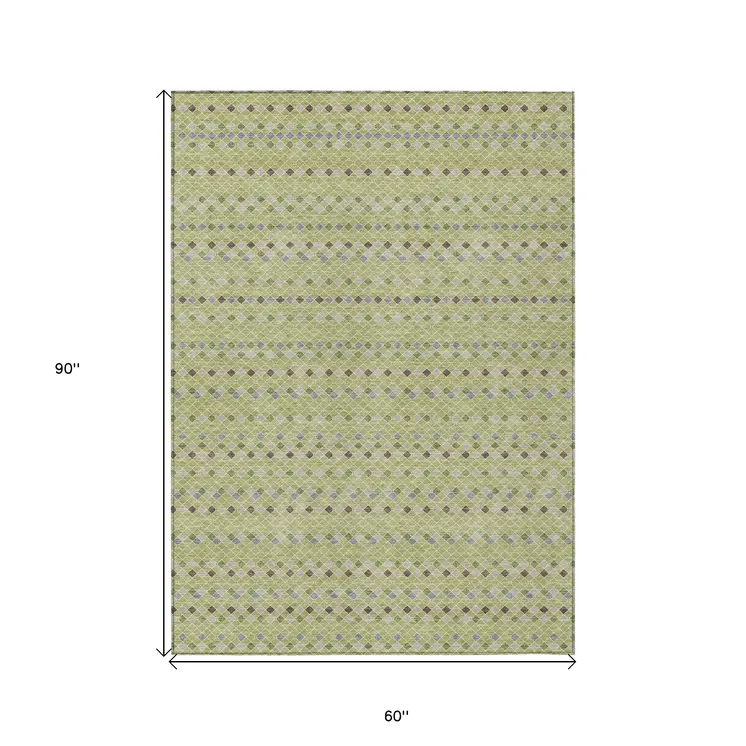 5' X 8' Artichoke Green And Fern Green Striped Washable Indoor Outdoor Area Rug
