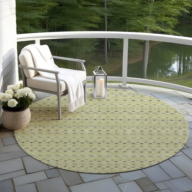 8' Artichoke Green And Fern Green Round Striped Washable Indoor Outdoor Area Rug