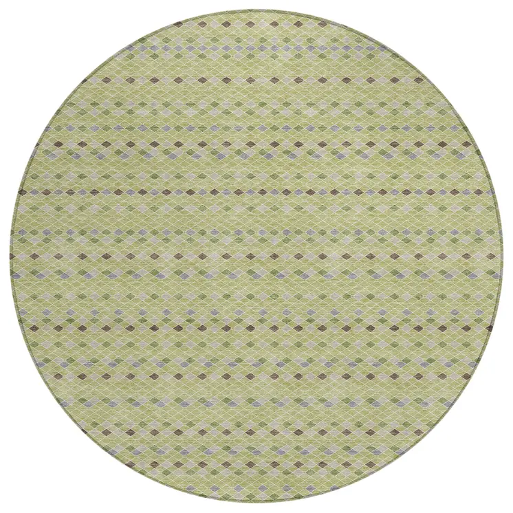 8' Artichoke Green And Fern Green Round Striped Washable Indoor Outdoor Area Rug