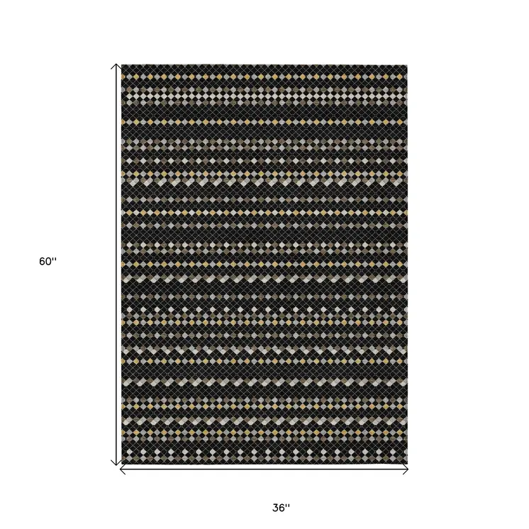 3' X 5' Black And Taupe Striped Washable Indoor Outdoor Area Rug